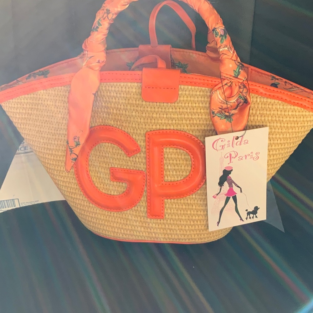 Orange Straw Tote Bag with GP Monogram